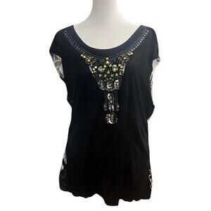 Hale Bob | Jeweled & Beaded Embellished Boho Tie-Back Tunic Top | Black | Large